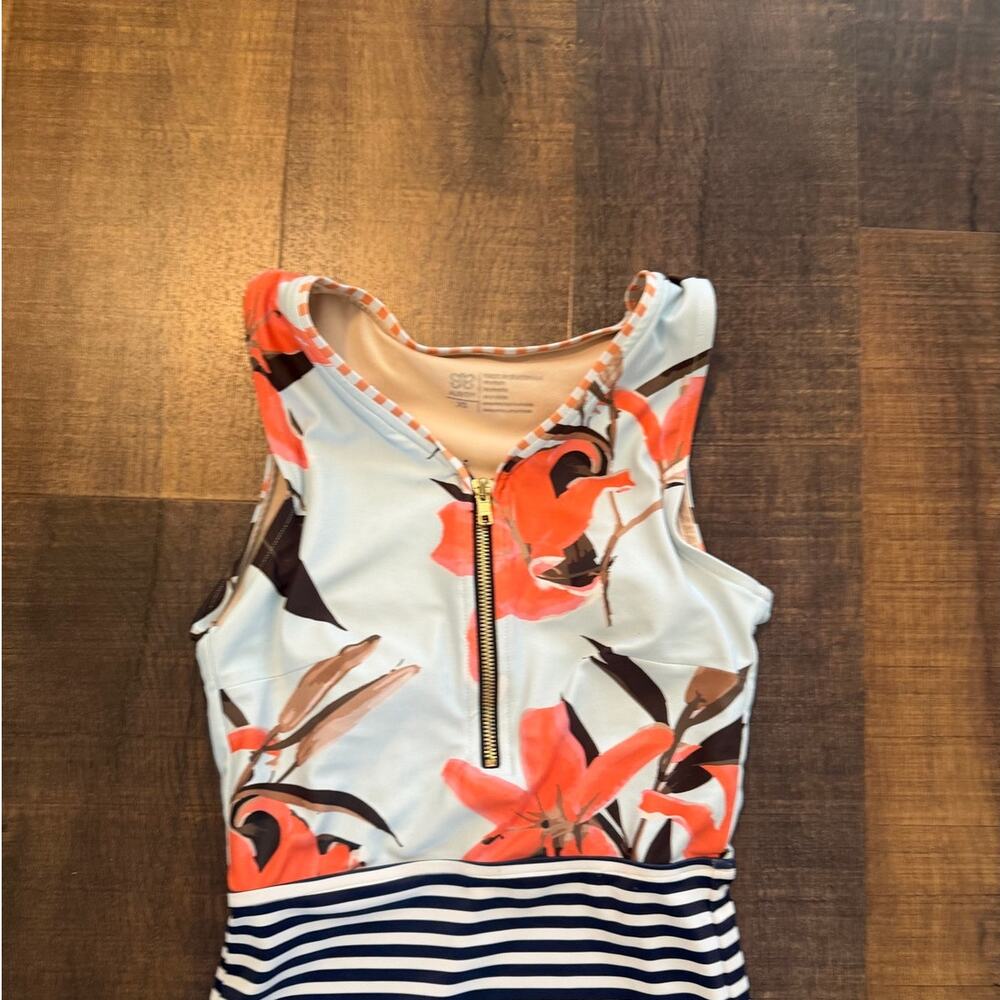 Albion Fit Floral Stripe One Piece Swimsuit XS Blue Coral Zip Front - Picture 2 of 6